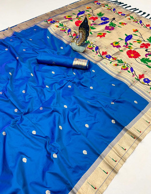 Divastri Woven Paithani Cotton Silk Saree(Blue)
