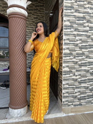 Moda Rapido Embellished, Striped Bollywood Satin Saree(Yellow)