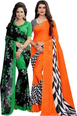 ANIRAV Printed Daily Wear Georgette Saree(Pack of 2, Green, Orange)