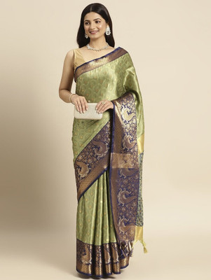 HouseOfCommon Woven, Self Design Banarasi Cotton Silk, Jacquard Saree(Light Green, Dark Blue)