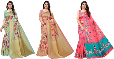 Nirvaan Printed, Woven Mysore Art Silk Saree(Pack of 3, Light Green, Pink)
