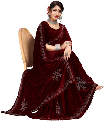 Dream Crushers Embroidered Bollywood Velvet Saree(Maroon)