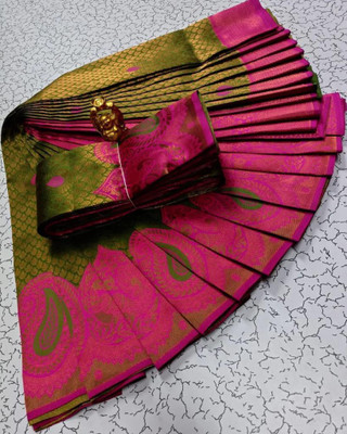 khanjan hub Printed Banarasi Jacquard, Art Silk Saree(Light Green, Pink)