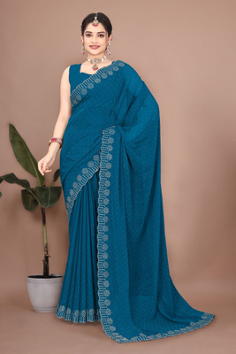 Shiv Febric Embroidered, Embellished Bollywood Art Silk Saree(Dark Blue)