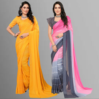 Anand Sarees Striped Bollywood Satin Saree(Pack of 2, Yellow, Pink, Grey)