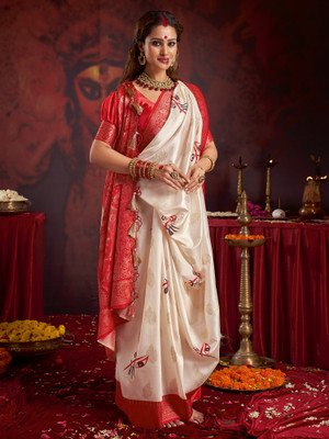 Sareemall Woven Baluchari Satin, Silk Blend Saree(Beige)