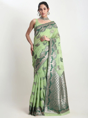 Janasya Woven Saree with Attached Blouse Linen Saree(Light Green)