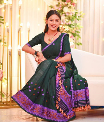 white desert Self Design Mekhela Chador Cotton Silk Saree(Dark Green)
