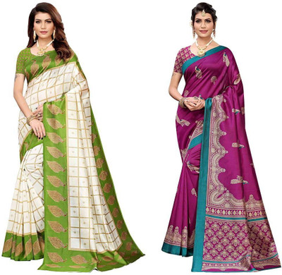 Grubstaker Printed Bhagalpuri Art Silk Saree(Pack of 2, Purple, White)