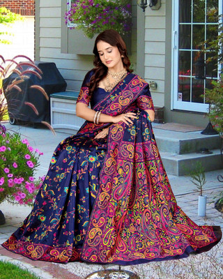 Wovenza Self Design, Woven Bollywood Cotton Blend, Semi-Pashmina Saree(Blue)