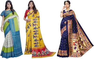 YASHIKA Woven, Printed Kalamkari Art Silk Saree(Pack of 3, White, Blue, Yellow, Dark Blue)