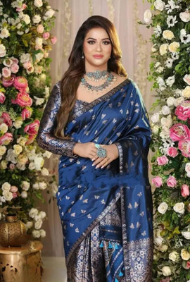 khodalenteprise Geometric Print, Polka Print Mekhela Chador Pure Cotton, Jute Silk Saree(Light Blue)