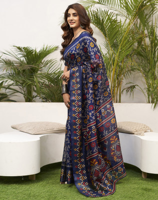 SIRIL Printed, Striped Daily Wear Cotton Blend Saree(Dark Blue, Multicolor)