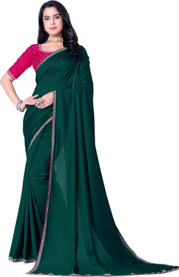 radhe creation Solid/Plain Bollywood Silk Blend Saree(Dark Green)