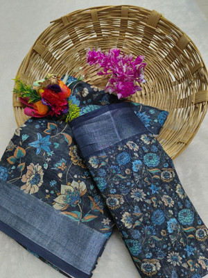 Gajal Floral Print Kanjivaram Pure Cotton, Cotton Linen Saree(Dark Blue)