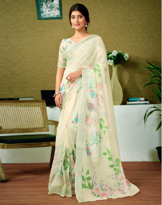 Satrani Digital Print, Floral Print, Embellished Bollywood Linen Saree(Multicolor, Beige)