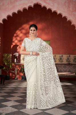 Tasrika Floral Print Daily Wear Net Saree(White)