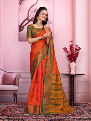 Banaras silk palace Woven Banarasi Silk Blend, Satin Saree(Orange)