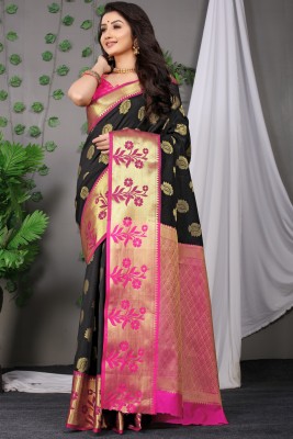 KANDORA Woven Banarasi Pure Silk Saree(Black, Pink, Gold)