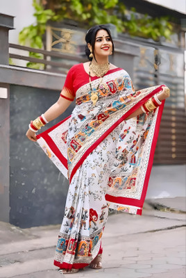 VAMIKASAREE Printed Sambalpuri Pure Cotton Saree(White)