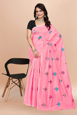 KV Fashion Embroidered Chanderi Chanderi Saree(Pink)