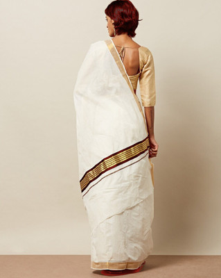 Fashionkiosks Solid/Plain Kasavu Handloom Pure Cotton Saree(Brown)