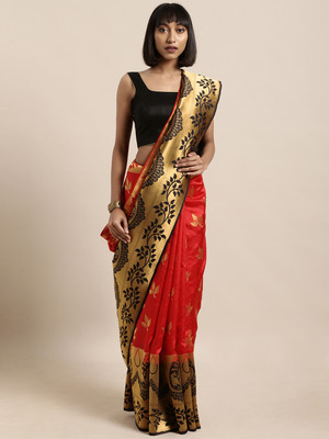 Saanjh Blocked Printed Saree with Attached Blouse Raw Silk Saree(Red)