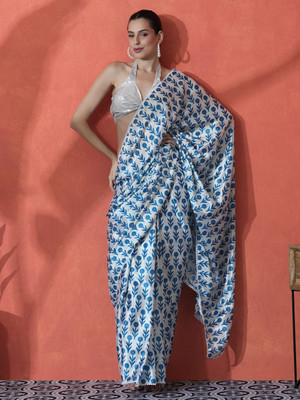 Sangria Printed Daily Wear Satin Saree(Blue)