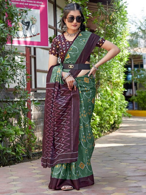 romakrishto Printed Hand Batik Pure Cotton Saree(Pack of 2, Green)