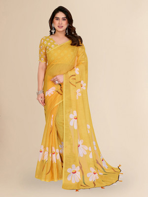 Moda Rapido Floral Print Bollywood Cotton Blend Saree(Yellow)