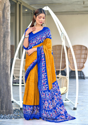 Divastri Printed Daily Wear Cotton Blend Saree(Mustard, Blue)