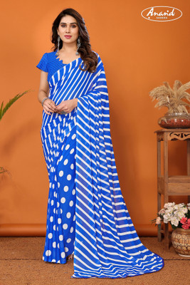 Anand Sarees Striped, Polka Print Daily Wear Georgette Saree(Dark Blue)