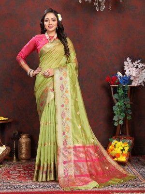 DRAVYA WOMEN Woven, Applique Bollywood Pure Silk, Organza Saree(Light Green)