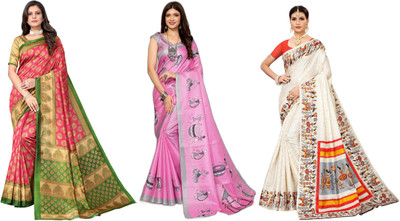 YASHIKA Printed, Woven Daily Wear Art Silk Saree(Pack of 3, Pink, Cream)