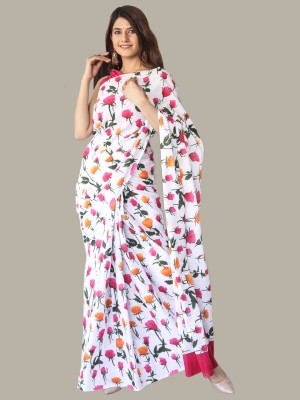 BUTA BUTI Floral Print Daily Wear Cotton Blend Saree(White)