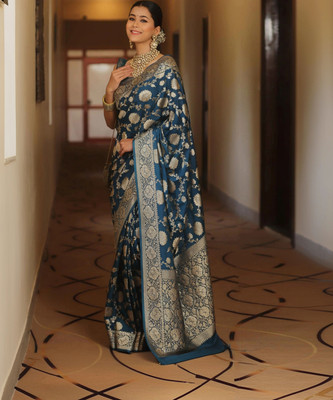 Samah Woven, Embellished Banarasi Silk Blend, Jacquard Saree(Blue)