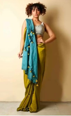 Kumaresh Creation Color Block Daily Wear Cotton Silk Saree(Yellow, Light Blue)