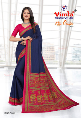 Vimla Checkered, Floral Print Bollywood Crepe Saree(Blue)