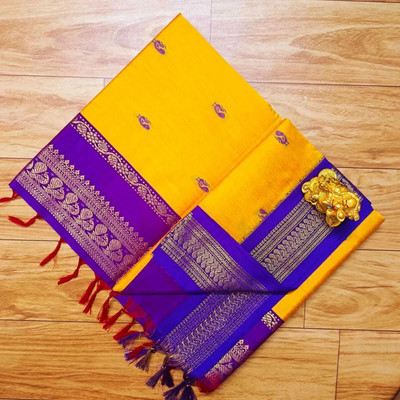 gadwal Embroidered Mysore Cotton Blend Saree(Yellow)