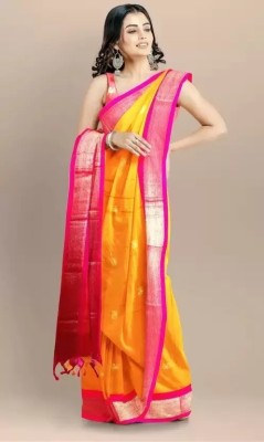 Upalksh Woven, Self Design Paithani Cotton Silk, Jacquard Saree(Yellow)