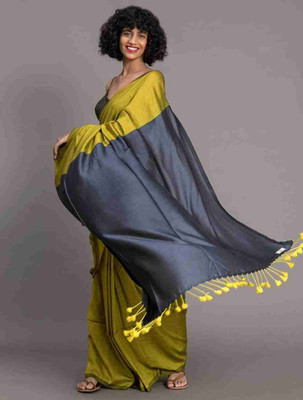 Sandhyatara Solid/Plain Handloom Cotton Blend Saree(Grey, Yellow)
