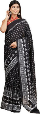 Kiaaron Printed Daily Wear Pure Cotton Saree(Black)