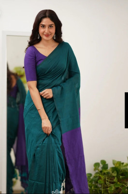 SMRITI HANDLOOM Solid/Plain Handloom Handloom Pure Cotton Saree(Light Blue, Purple)