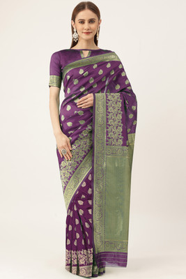 manvaa Woven Banarasi Silk Blend Saree(Purple)