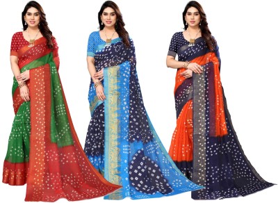 Bandhanivilla Printed Bandhani Cotton Blend Saree(Pack of 3, Green, Dark Blue, Orange)