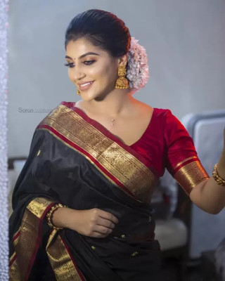 FABART CRETION Woven Kanjivaram Pure Silk Saree(Black)