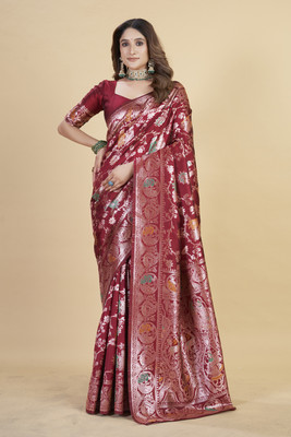 Divastri Floral Print Banarasi Silk Blend Saree(Red)