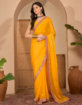 Satrani Embellished, Solid/Plain, Self Design Bollywood Silk Blend Saree(Yellow)
