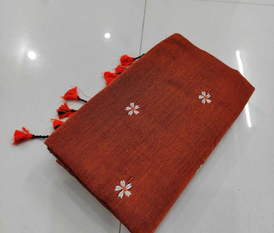 Puspa Fashion Embroidered Handloom Cotton Blend Saree(Orange, White)