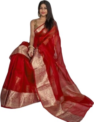 GoVika Self Design Bollywood Organza Saree(Red)